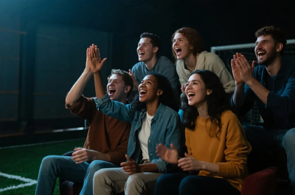 A group of enthusiastic diverse friends watching a sports match together, expressing joy and high-fiving