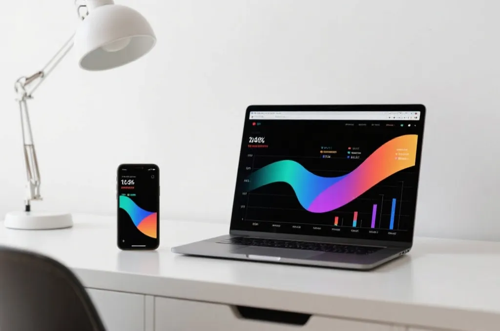A modern minimalist workspace with a laptop and a smartphone side-by-side on a desk, displaying colorful abstract sports data charts and statistics.